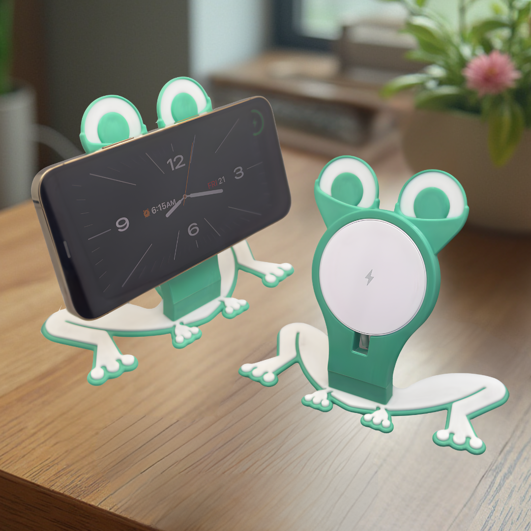 Cute Frog Phone Stand with Wireless Charging - Fun Desk Decor for Kids and Adults